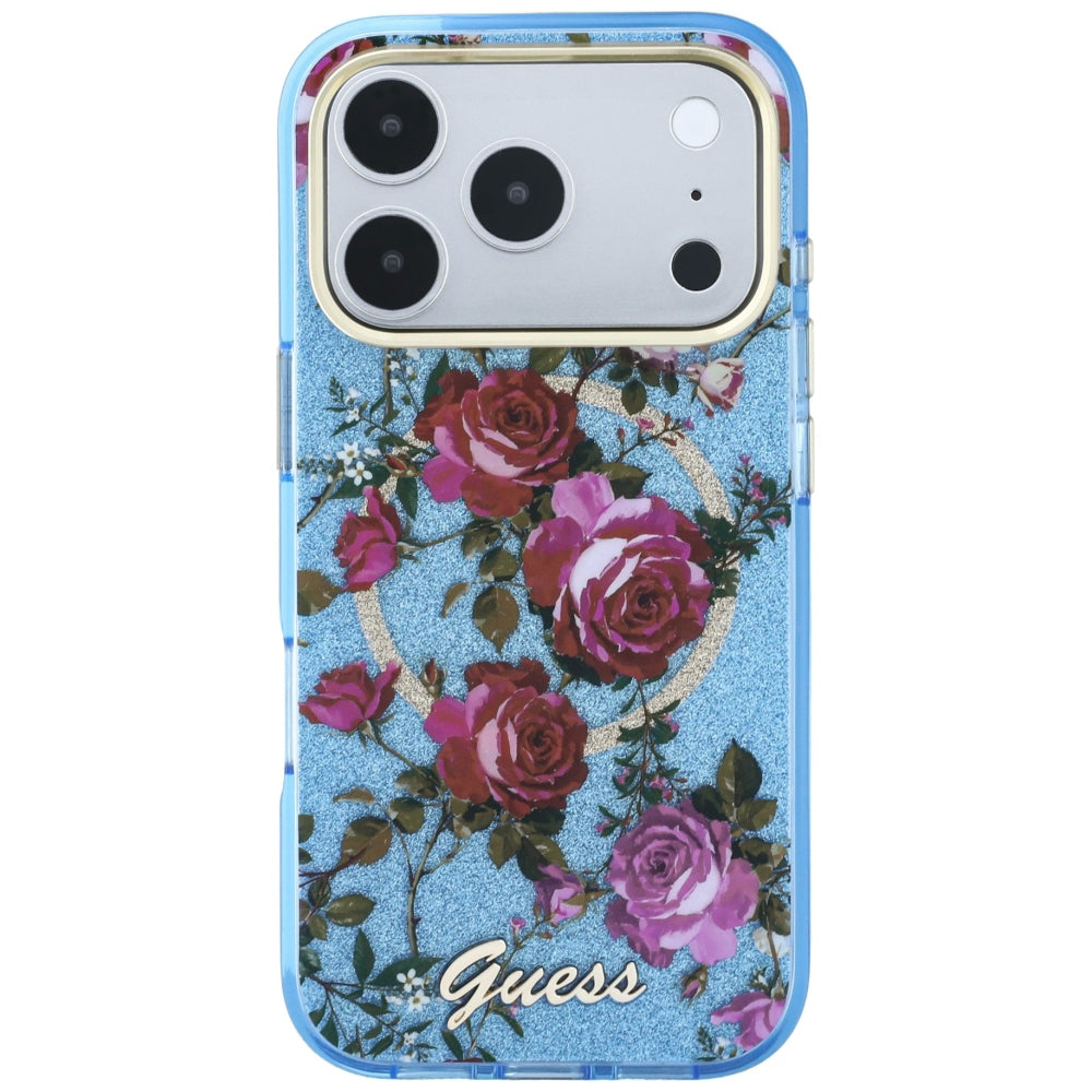 Capa Guess IML Glitter Blossom Roses MagSafe - iPhone 17 Pro / 18 Pro - Azul-claro