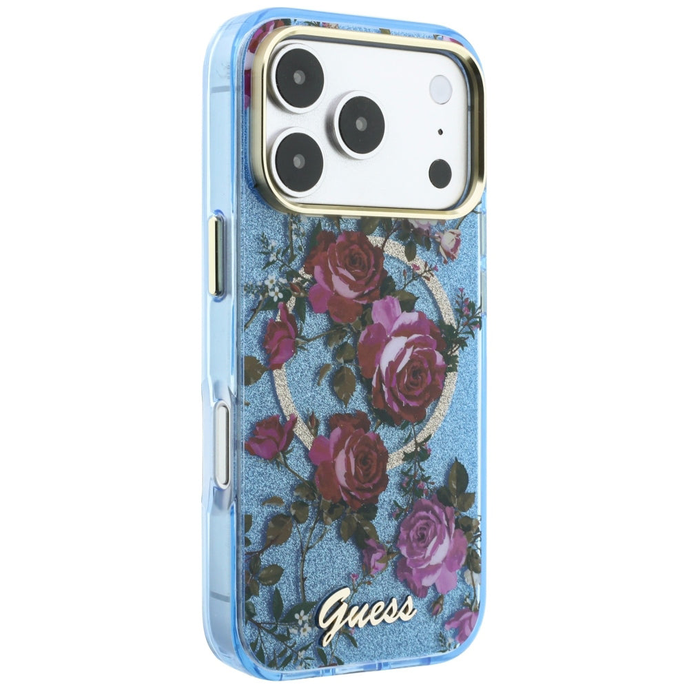 Capa Guess IML Glitter Blossom Roses MagSafe - iPhone 17 Pro / 18 Pro - Azul-claro