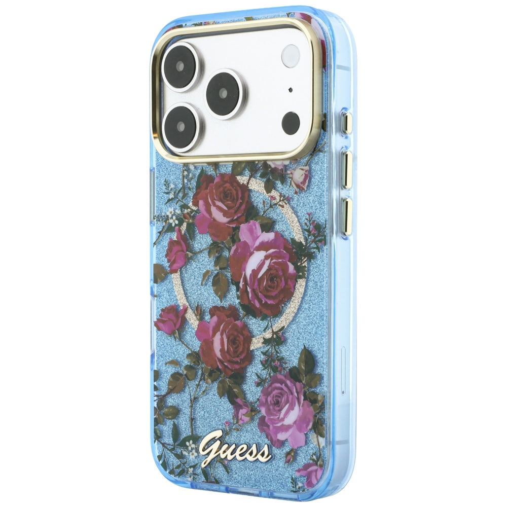 Capa Guess IML Glitter Blossom Roses MagSafe - iPhone 17 Pro / 18 Pro - Azul-claro