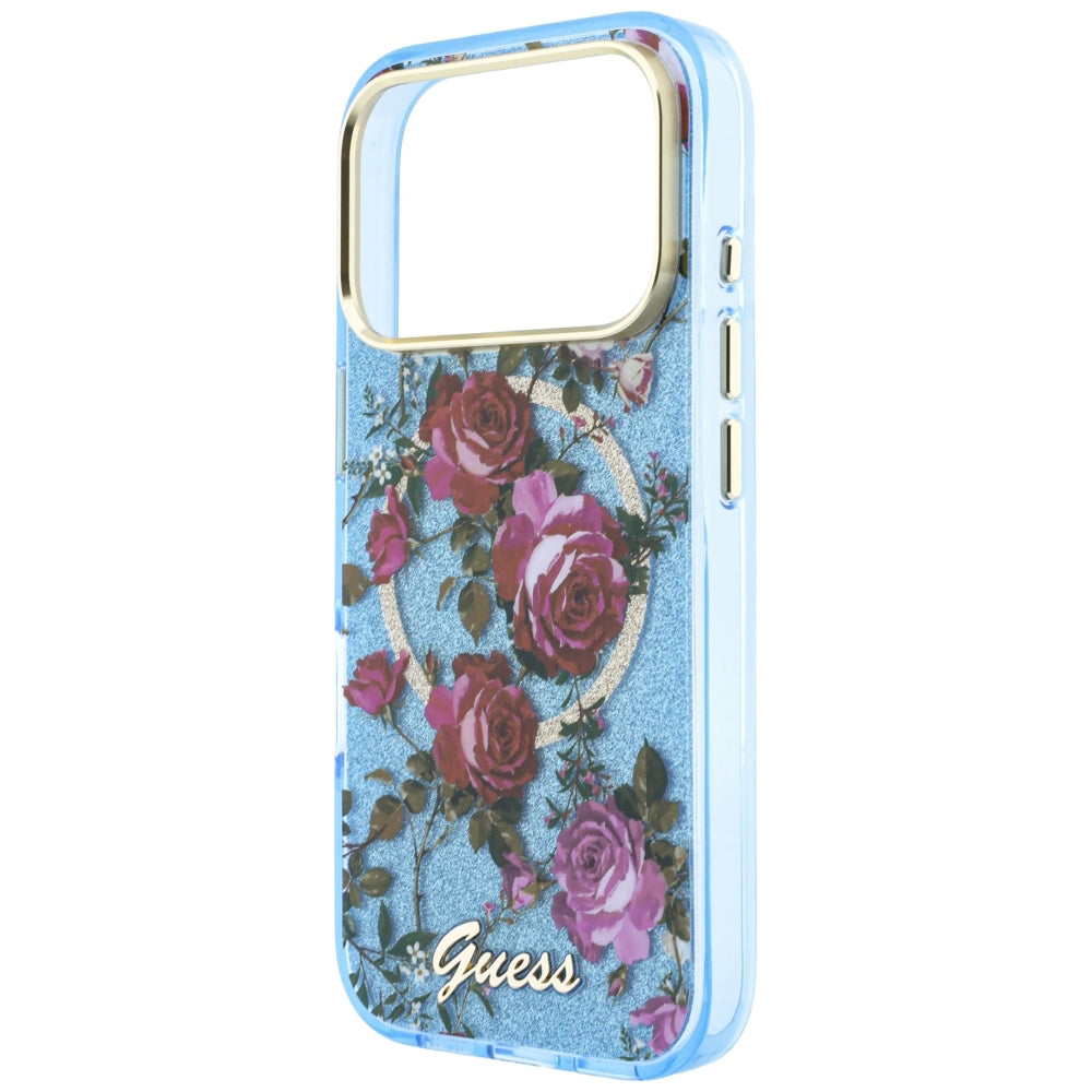 Capa Guess IML Glitter Blossom Roses MagSafe - iPhone 17 Pro / 18 Pro - Azul-claro