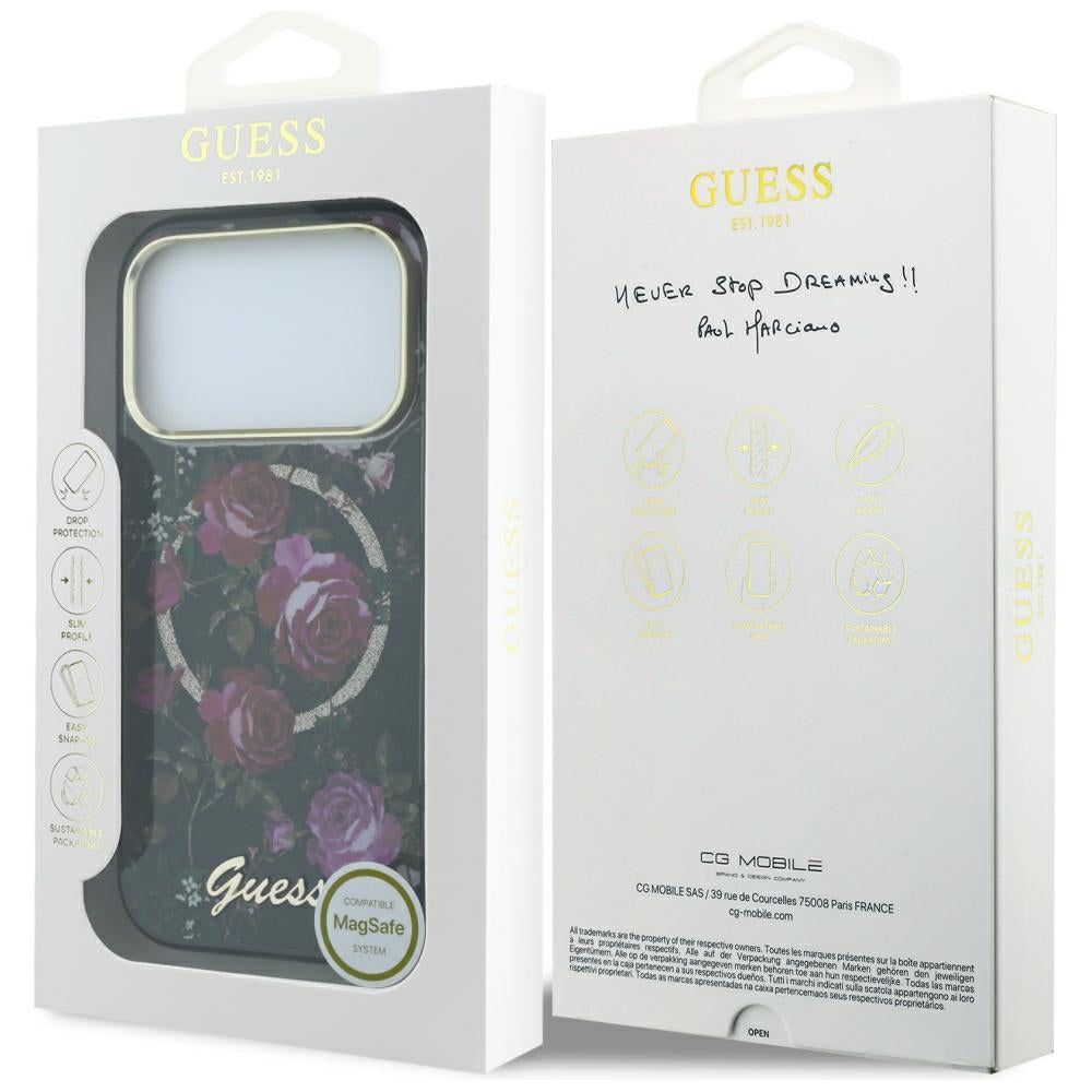 Capa Guess IML Glitter Blossom Roses MagSafe - iPhone 17 Pro / 18 Pro - Preto