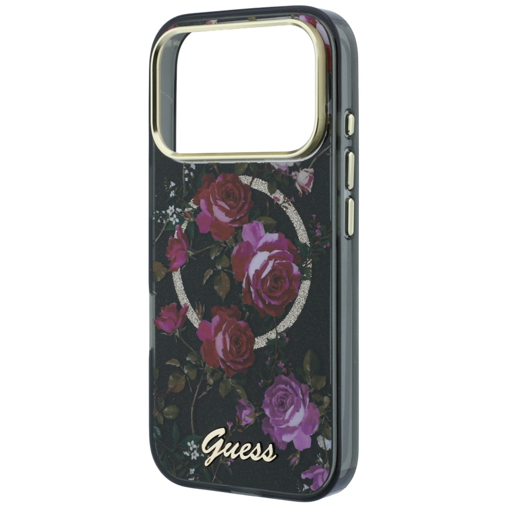 Capa Guess IML Glitter Blossom Roses MagSafe - iPhone 17 Pro / 18 Pro - Preto