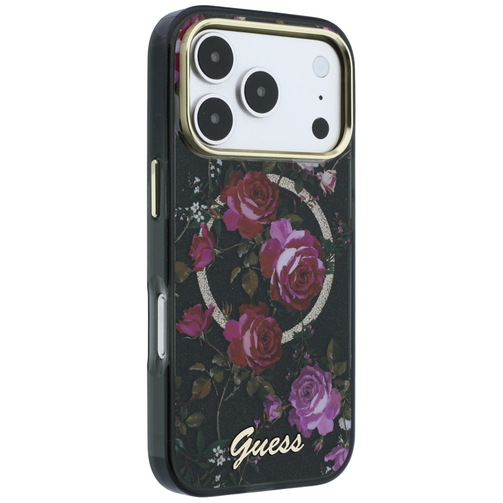 Capa Guess IML Glitter Blossom Roses MagSafe - iPhone 17 Pro / 18 Pro - Preto