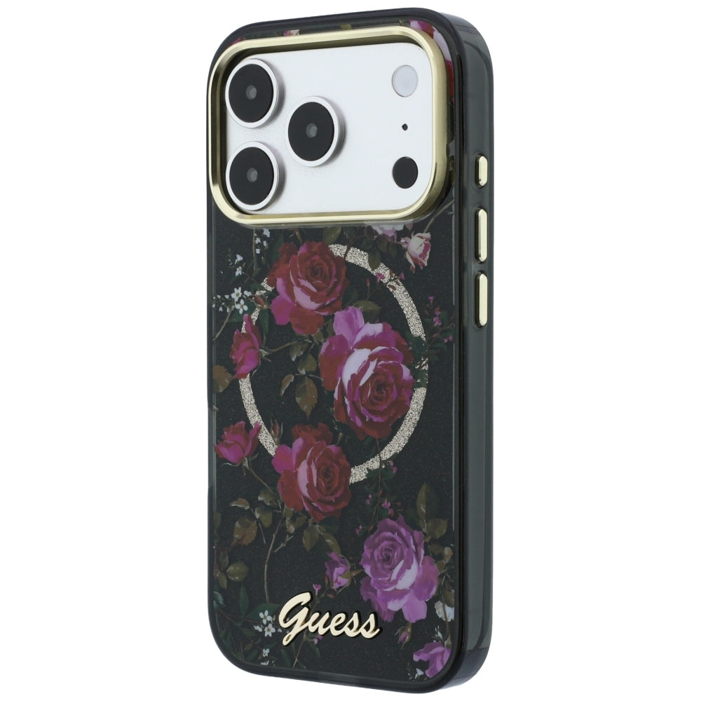 Capa Guess IML Glitter Blossom Roses MagSafe - iPhone 17 Pro / 18 Pro - Preto