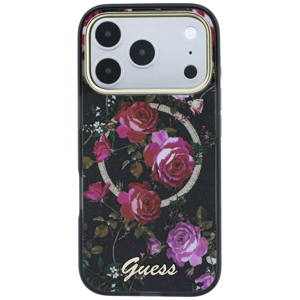 Capa Guess IML Glitter Blossom Roses MagSafe - iPhone 17 Pro / 18 Pro - Preto