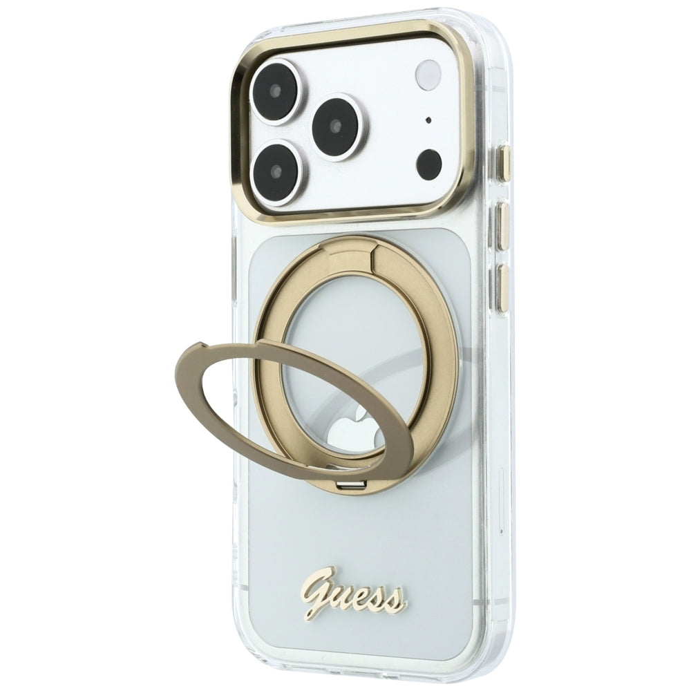 Capa Guess Ring Stand Script Metal Logo MagSafe - iPhone 17 Pro / 18 Pro - Transparente
