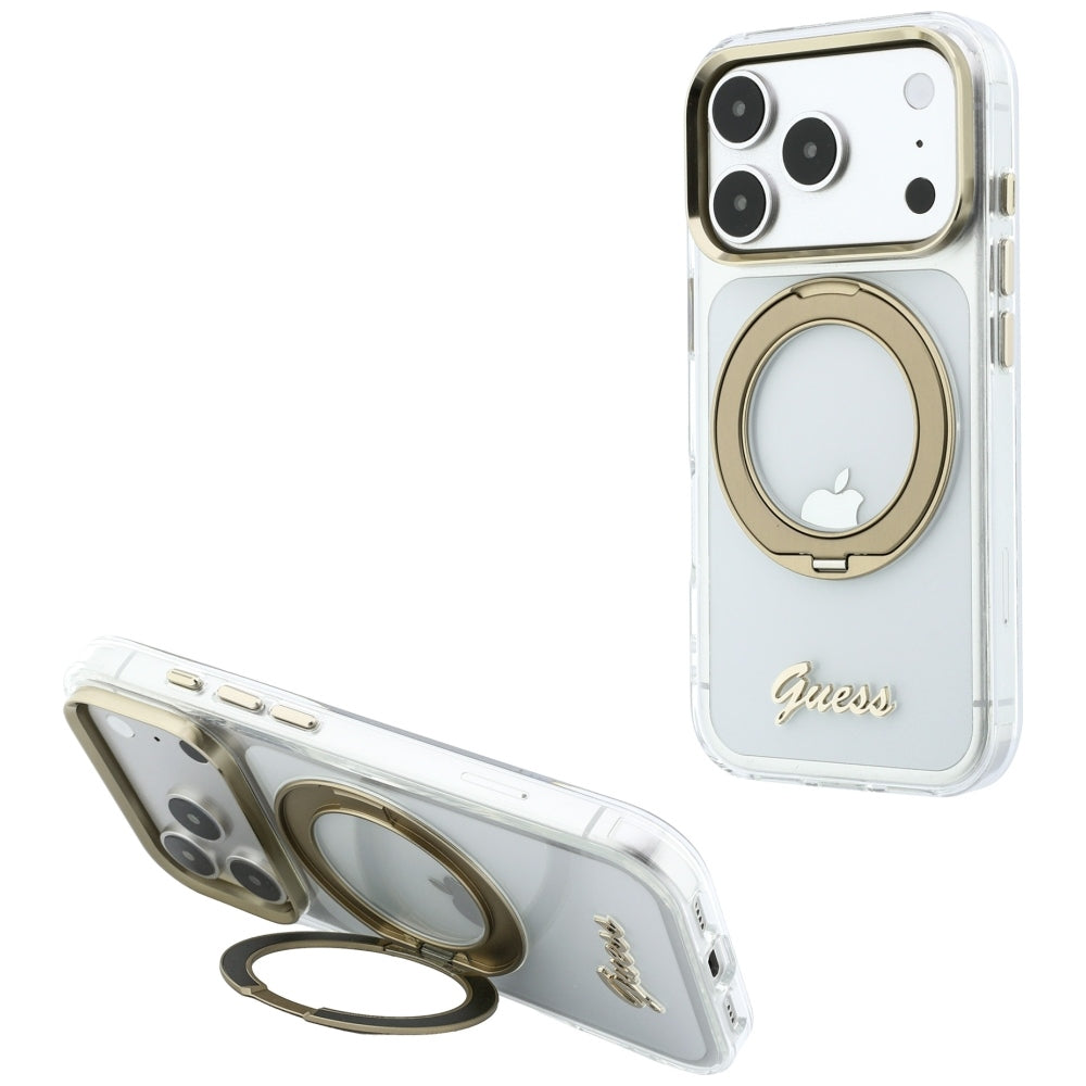 Capa Guess Ring Stand Script Metal Logo MagSafe - iPhone 17 Pro / 18 Pro - Transparente