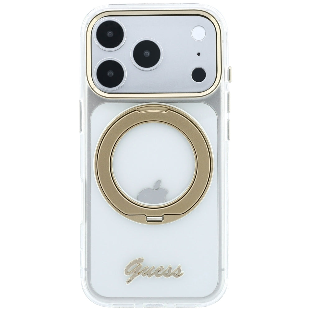 Capa Guess Ring Stand Script Metal Logo MagSafe - iPhone 17 Pro / 18 Pro - Transparente