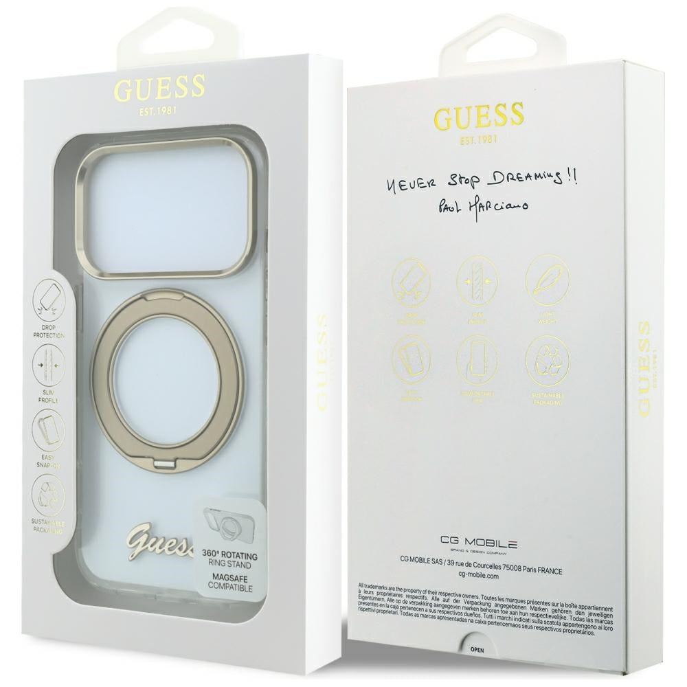 Capa Guess Ring Stand Script Metal Logo MagSafe - iPhone 17 Pro / 18 Pro - Transparente