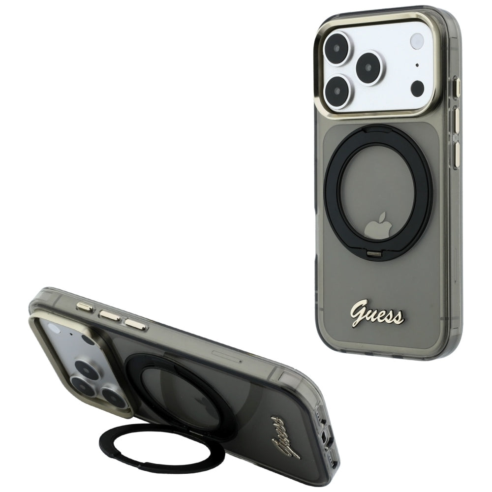 Capa Guess Ring Stand Script Metal Logo MagSafe - iPhone 17 Pro Max / 18 Pro Max - Preto