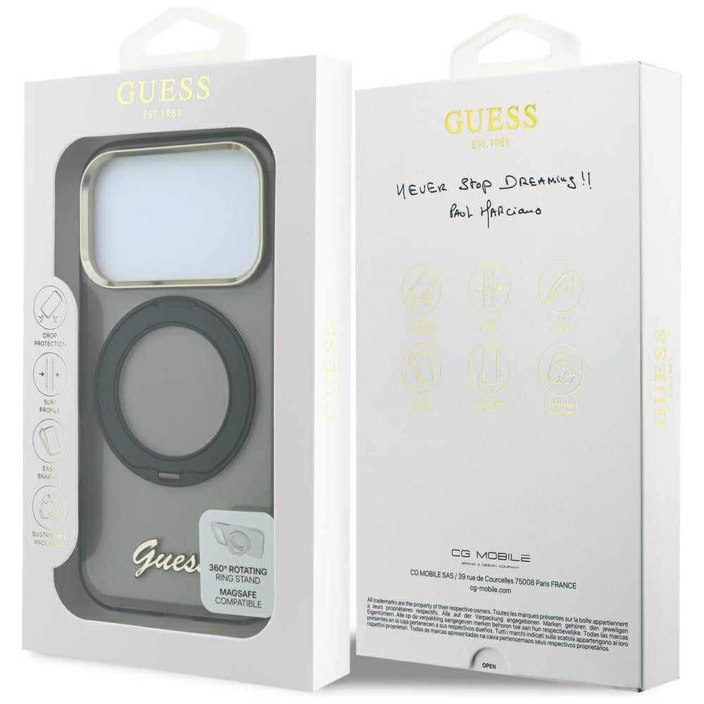 Capa Guess Ring Stand Script Metal Logo MagSafe - iPhone 17 Pro Max / 18 Pro Max - Preto