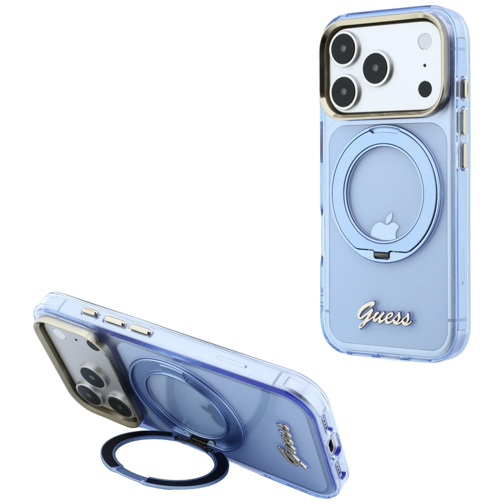 Capa Guess Ring Stand Script Metal Logo MagSafe - iPhone 17 Pro Max / 18 Pro Max - Azul-claro