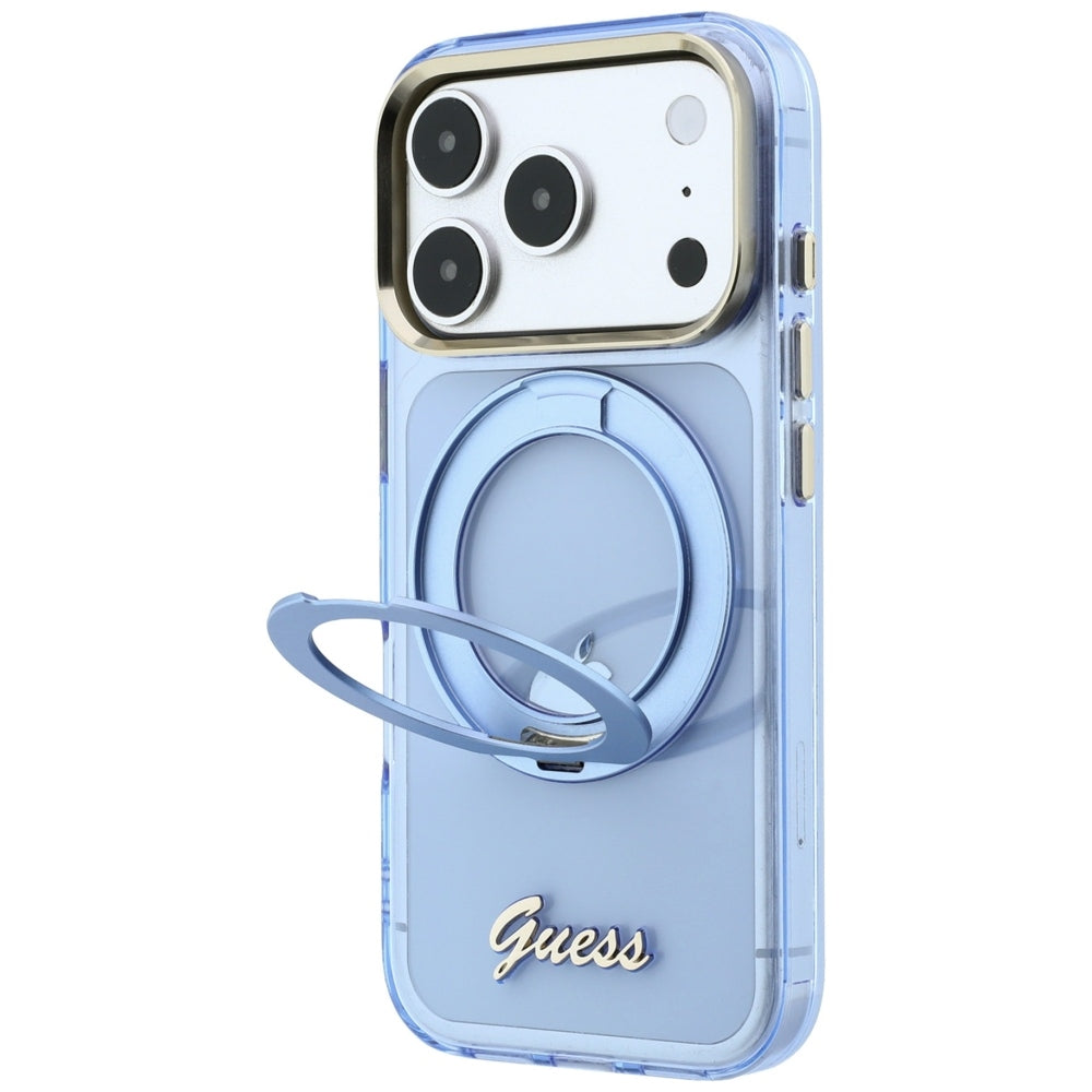 Capa Guess Ring Stand Script Metal Logo MagSafe - iPhone 17 Pro Max / 18 Pro Max - Azul-claro