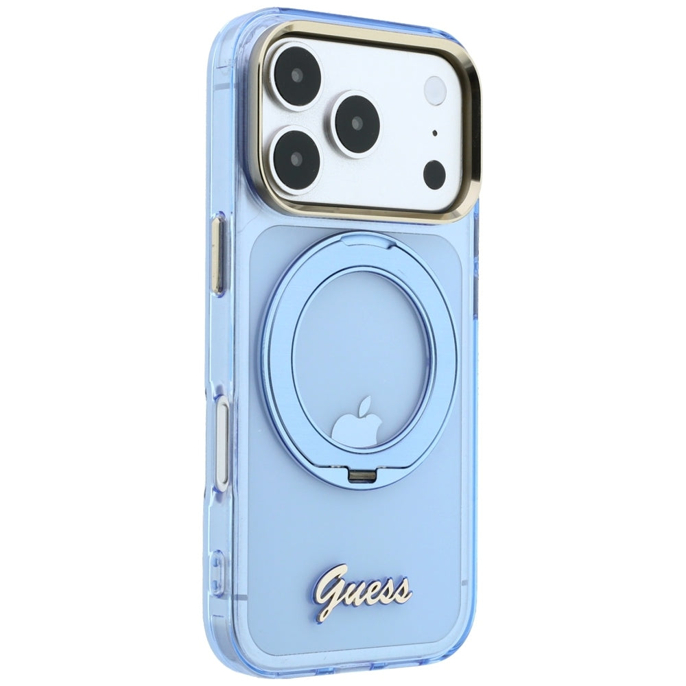 Capa Guess Ring Stand Script Metal Logo MagSafe - iPhone 17 Pro Max / 18 Pro Max - Azul-claro