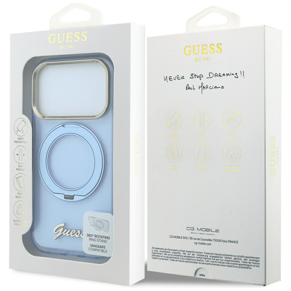 Capa Guess Ring Stand Script Metal Logo MagSafe - iPhone 17 Pro Max / 18 Pro Max - Azul-claro