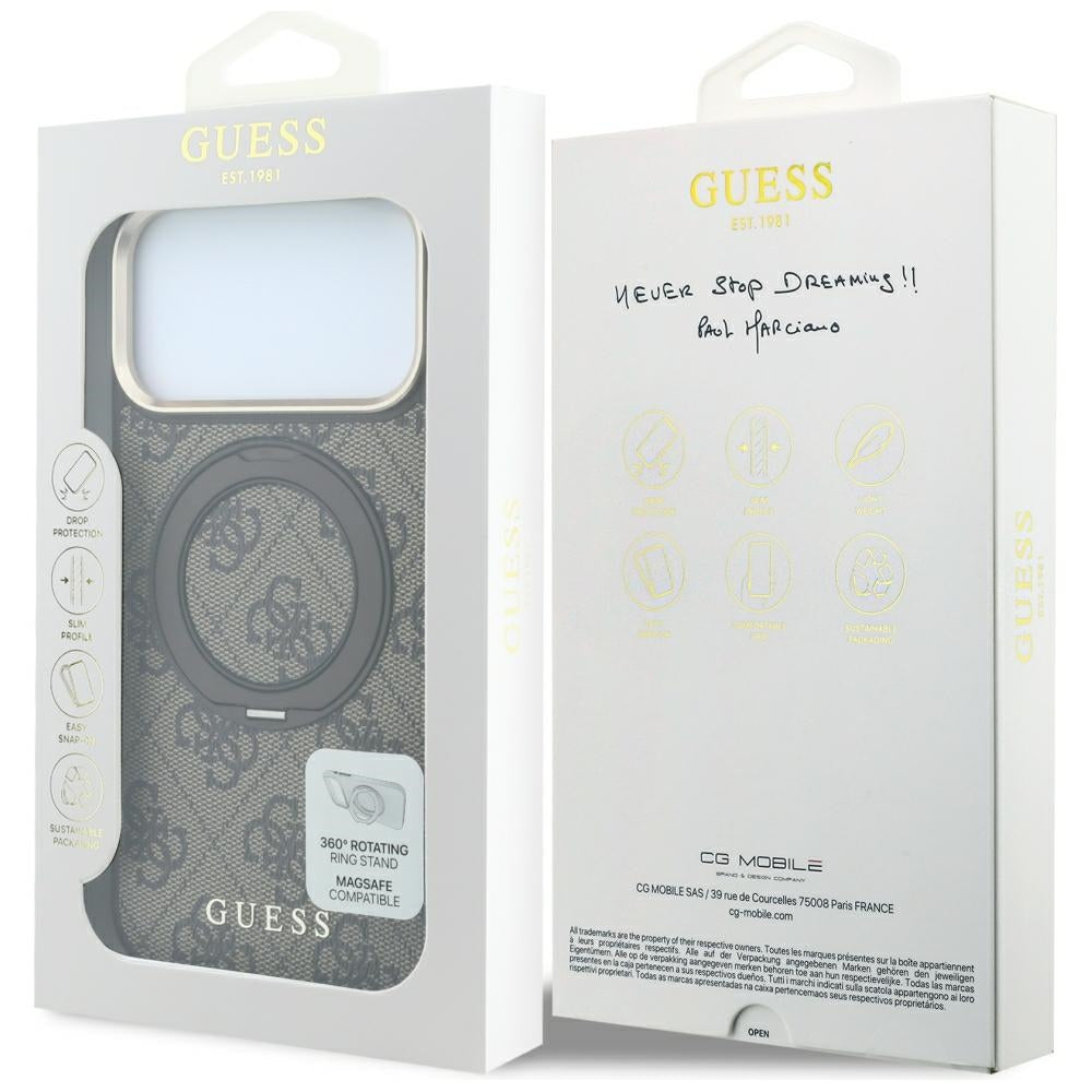 Capa Guess Ring Stand 360 4G Leather Classic Logo MagSafe - iPhone 17 Pro / 18 Pro - Castanho