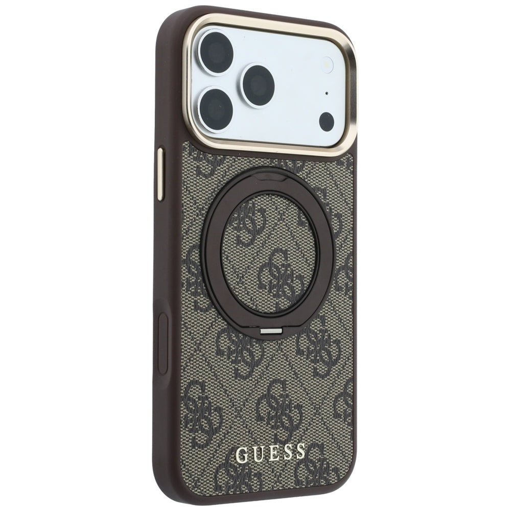 Capa Guess Ring Stand 360 4G Leather Classic Logo MagSafe - iPhone 17 Pro / 18 Pro - Castanho