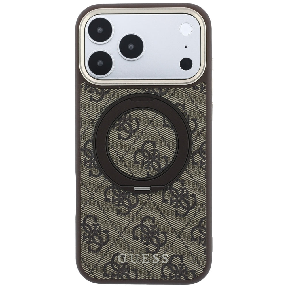 Capa Guess Ring Stand 360 4G Leather Classic Logo MagSafe - iPhone 17 Pro / 18 Pro - Castanho
