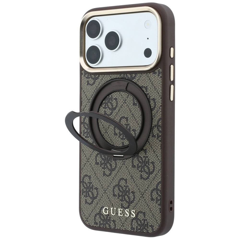 Capa Guess Ring Stand 360 4G Leather Classic Logo MagSafe - iPhone 17 Pro / 18 Pro - Castanho
