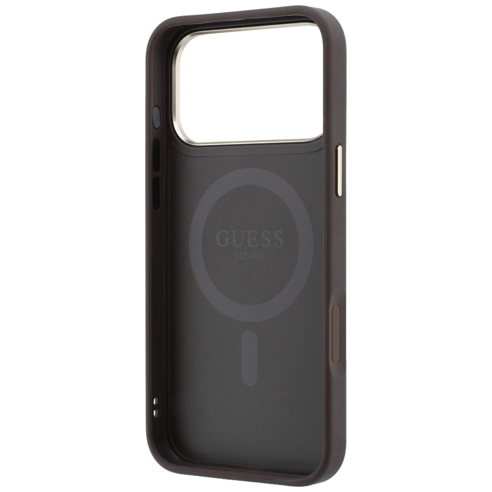 Capa Guess Ring Stand 360 4G Leather Classic Logo MagSafe - iPhone 17 Pro / 18 Pro - Castanho