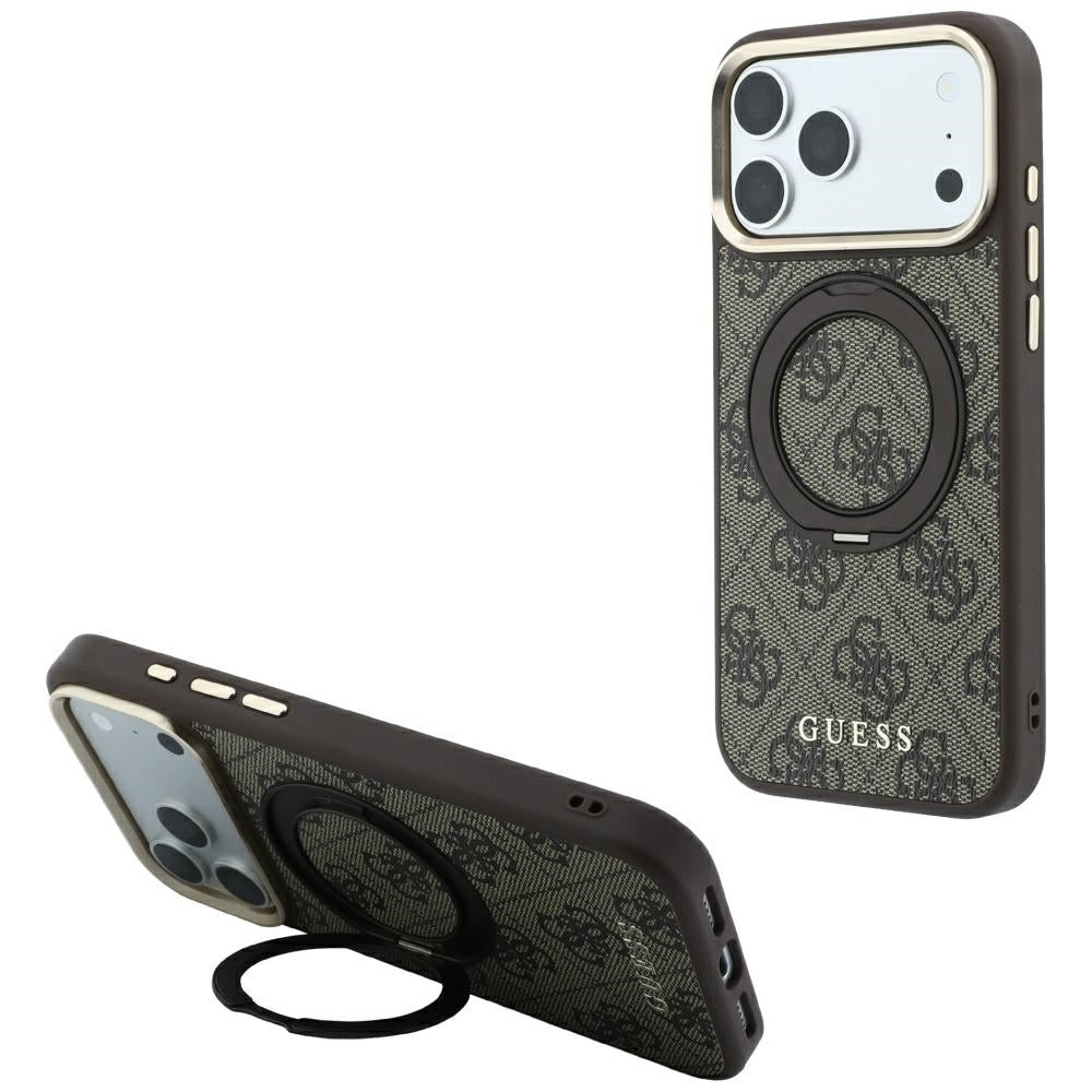 Capa Guess Ring Stand 360 4G Leather Classic Logo MagSafe - iPhone 17 Pro / 18 Pro - Castanho