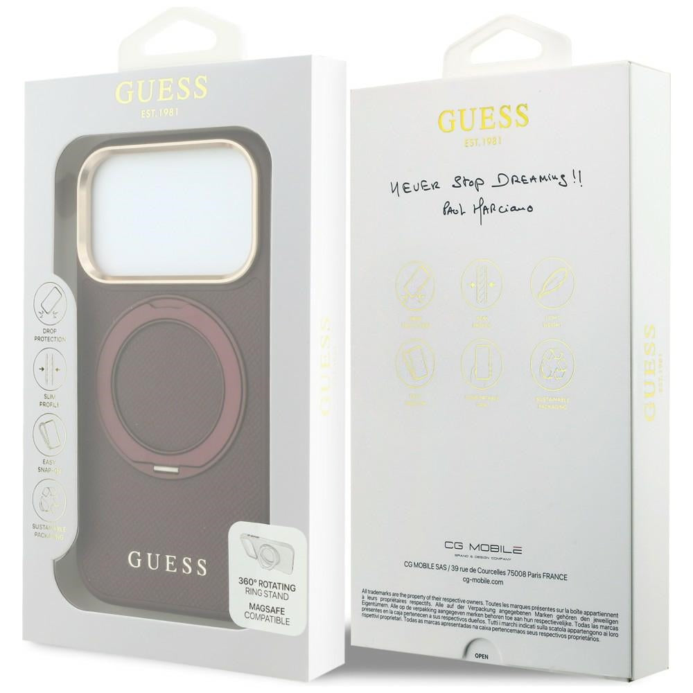 Capa Guess Grained Leather Ring Stand 360 Classic MagSafe - iPhone 17 Pro Max / 18 Pro Max - Bordeaux