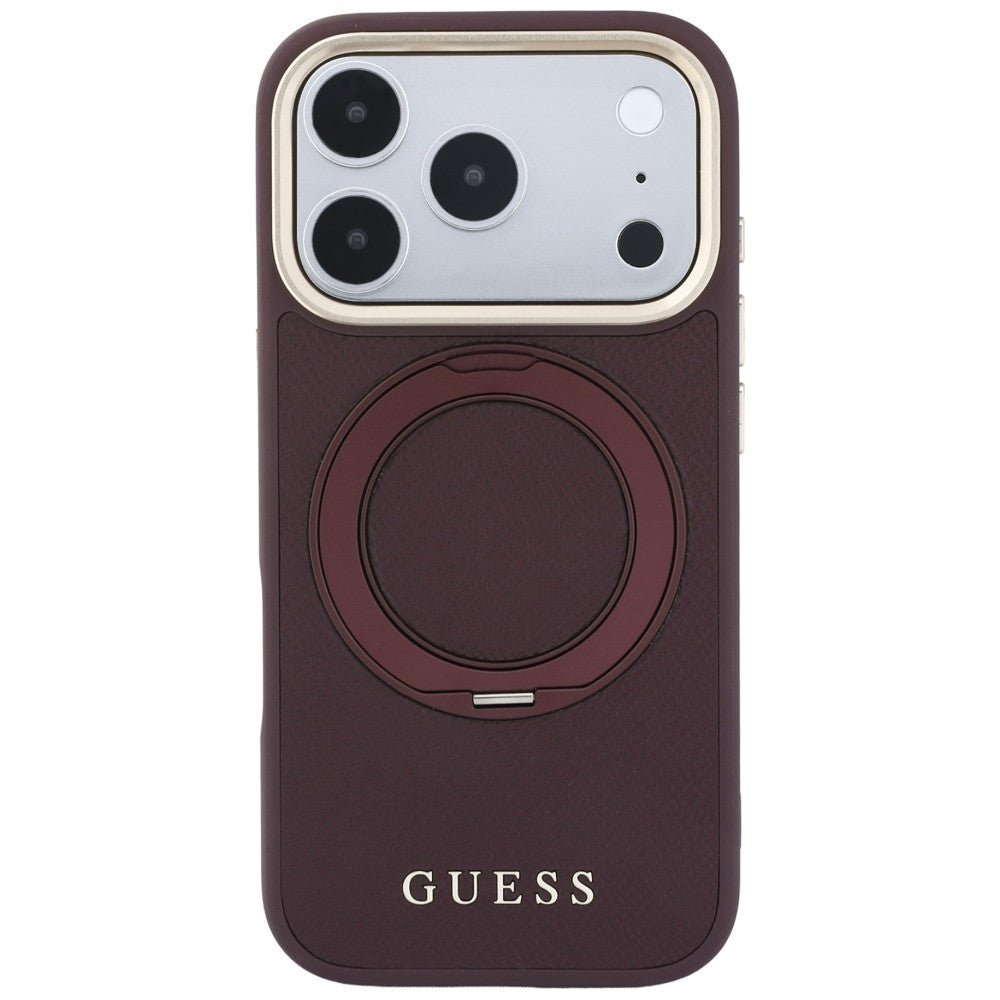 Capa Guess Grained Leather Ring Stand 360 Classic MagSafe - iPhone 17 Pro Max / 18 Pro Max - Bordeaux