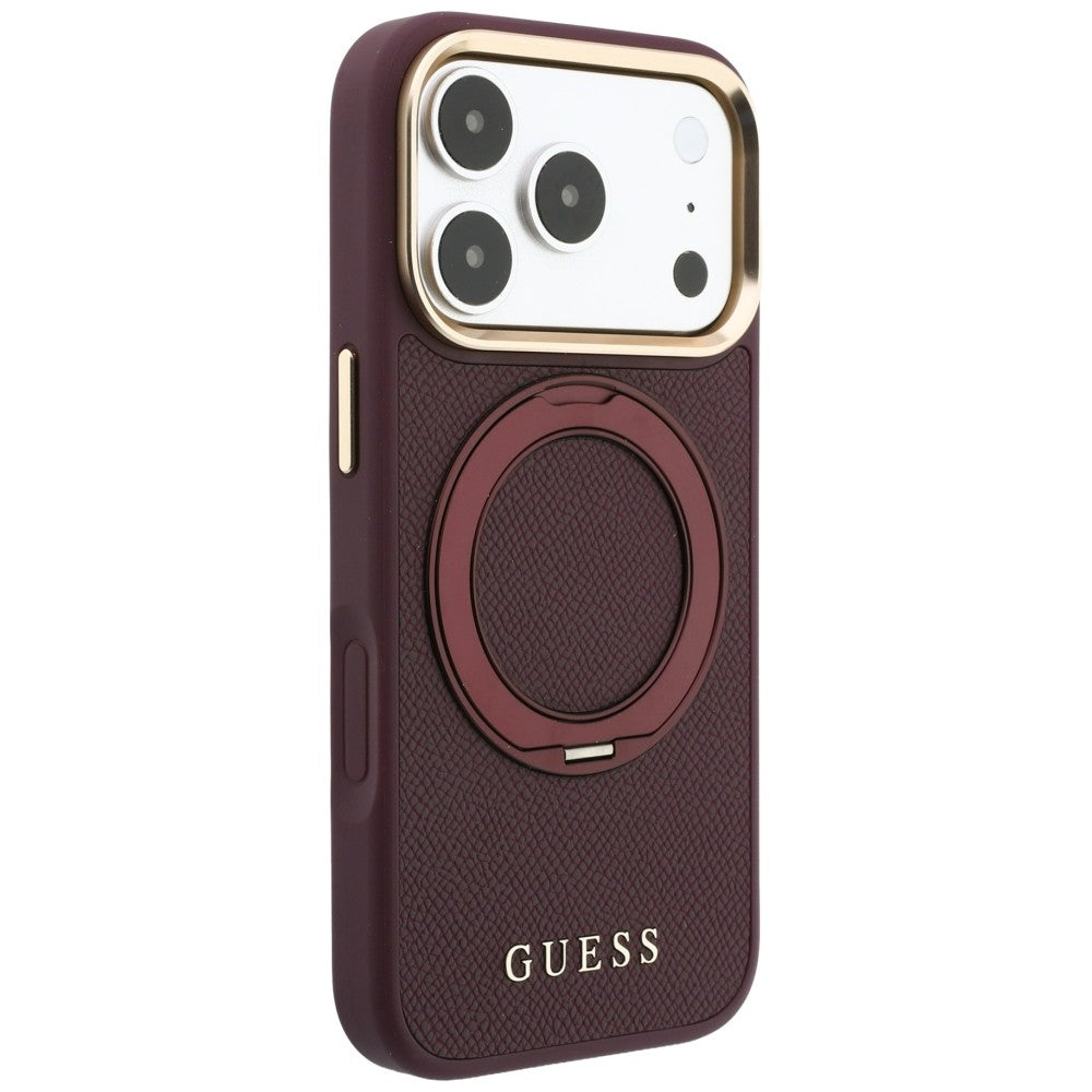 Capa Guess Grained Leather Ring Stand 360 Classic MagSafe - iPhone 17 Pro Max / 18 Pro Max - Bordeaux