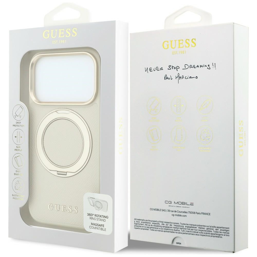 Capa Guess Grained Leather Ring Stand 360 Classic MagSafe - iPhone 17 Pro Max / 18 Pro Max - Bege