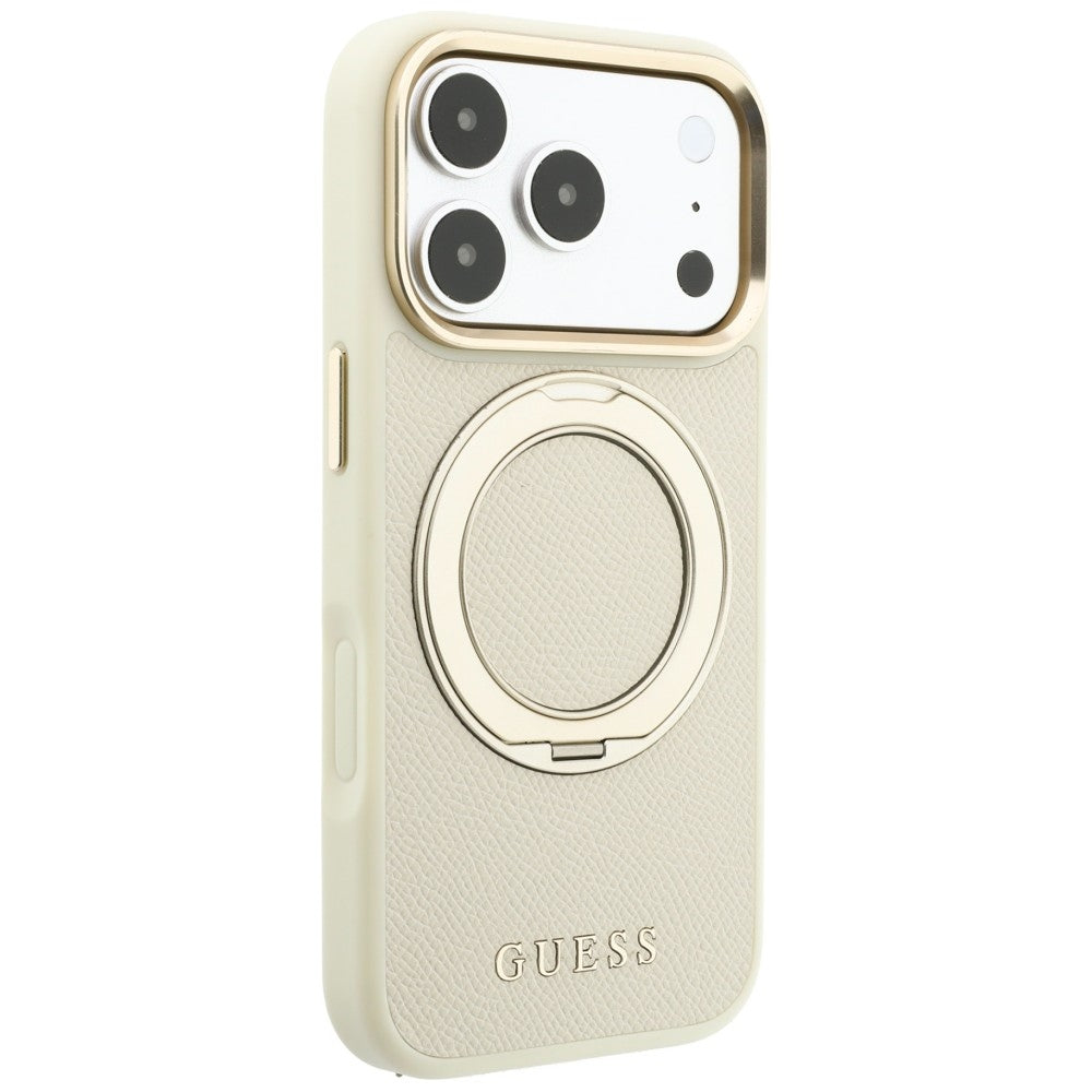 Capa Guess Grained Leather Ring Stand 360 Classic MagSafe - iPhone 17 Pro Max / 18 Pro Max - Bege