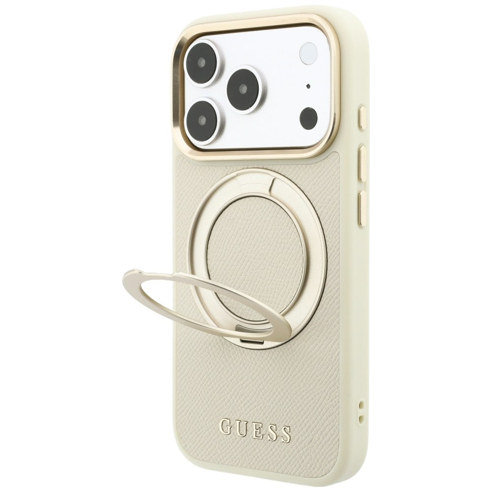 Capa Guess Grained Leather Ring Stand 360 Classic MagSafe - iPhone 17 Pro Max / 18 Pro Max - Bege