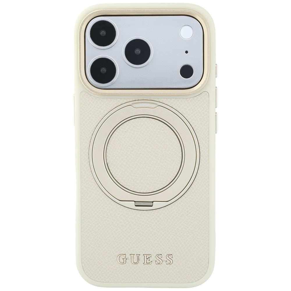 Capa Guess Grained Leather Ring Stand 360 Classic MagSafe - iPhone 17 Pro Max / 18 Pro Max - Bege