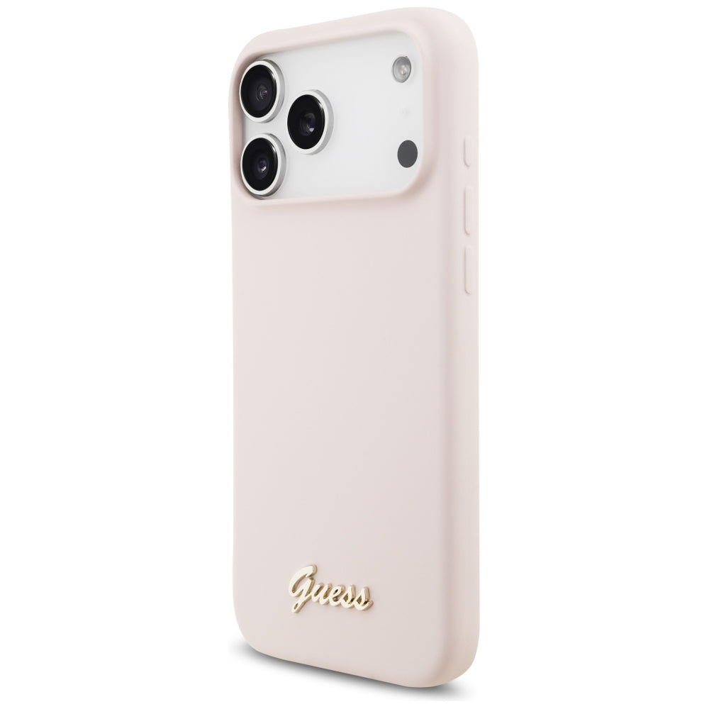 Capa Guess Silicone Script Metal Logo MagSafe - iPhone 17 Pro Max / 18 Pro Max - Rosa