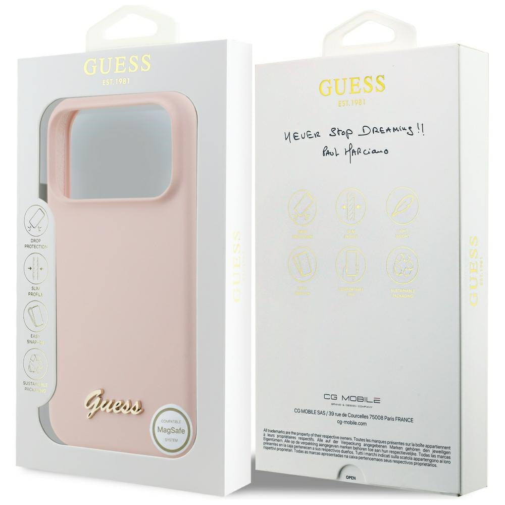 Capa Guess Silicone Script Metal Logo MagSafe - iPhone 17 Pro Max / 18 Pro Max - Rosa