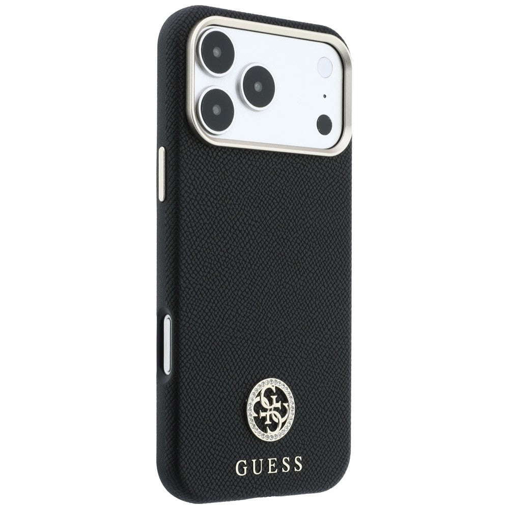 Capa Guess Grained Leather Round Strass Logo MagSafe - iPhone 17 Pro Max / 18 Pro Max - Preto