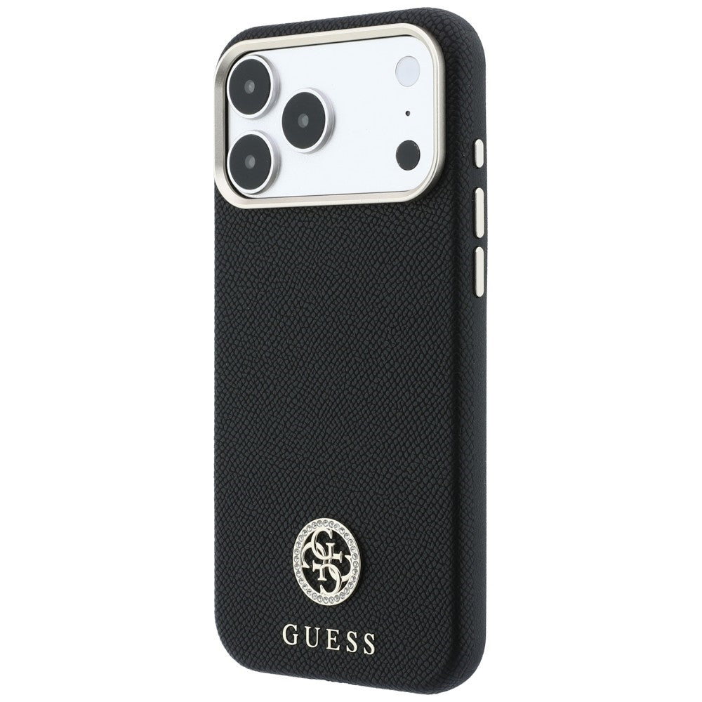 Capa Guess Grained Leather Round Strass Logo MagSafe - iPhone 17 Pro Max / 18 Pro Max - Preto