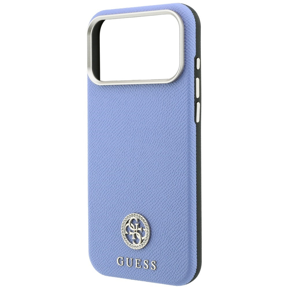Capa Guess Grained Leather Round Strass Logo MagSafe - iPhone 17 Pro Max / 18 Pro Max - Azul-claro