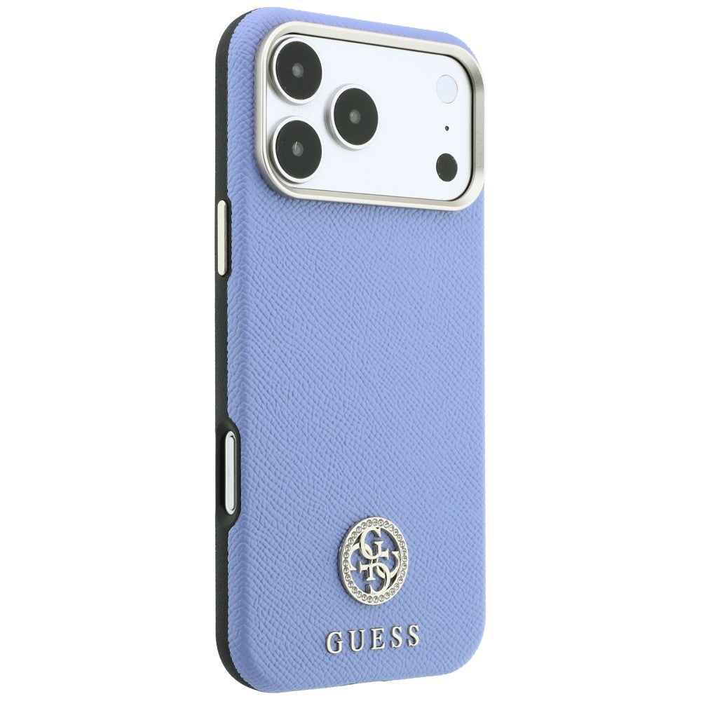 Capa Guess Grained Leather Round Strass Logo MagSafe - iPhone 17 Pro Max / 18 Pro Max - Azul-claro