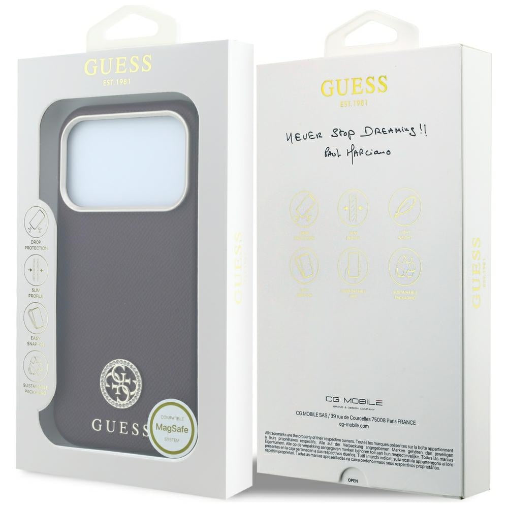 Capa Guess Grained Leather Round Strass Logo MagSafe - iPhone 17 Pro Max / 18 Pro Max - Bordeaux