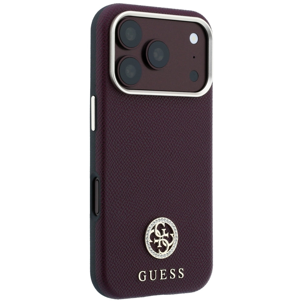Capa Guess Grained Leather Round Strass Logo MagSafe - iPhone 17 Pro Max / 18 Pro Max - Bordeaux