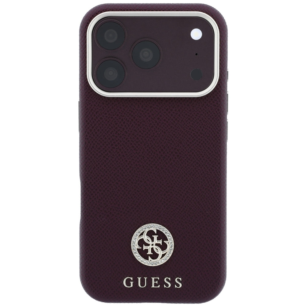 Capa Guess Grained Leather Round Strass Logo MagSafe - iPhone 17 Pro Max / 18 Pro Max - Bordeaux