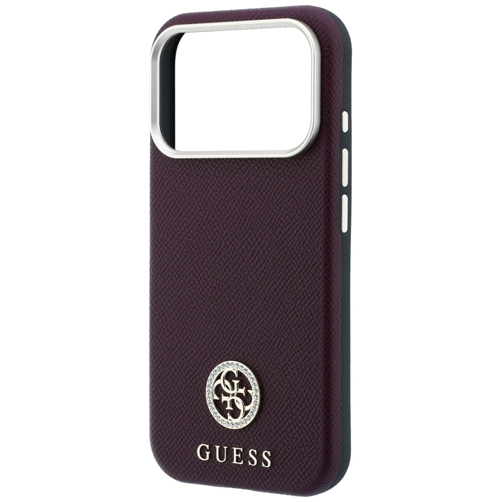 Capa Guess Grained Leather Round Strass Logo MagSafe - iPhone 17 Pro Max / 18 Pro Max - Bordeaux