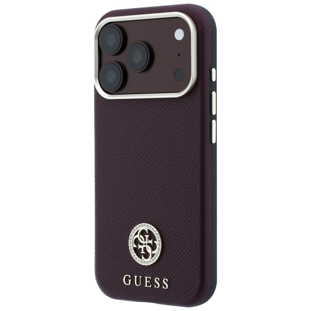 Capa Guess Grained Leather Round Strass Logo MagSafe - iPhone 17 Pro Max / 18 Pro Max - Bordeaux
