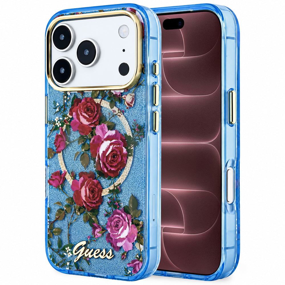 Capa Guess IML Glitter Blossom Roses MagSafe - iPhone 17 Pro Max / 18 Pro Max - Azul-claro