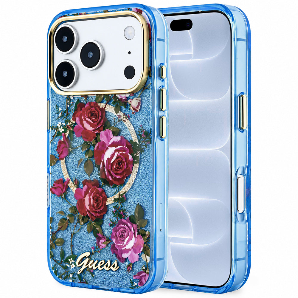 Capa Guess IML Glitter Blossom Roses MagSafe - iPhone 17 Pro / 18 Pro - Azul-claro
