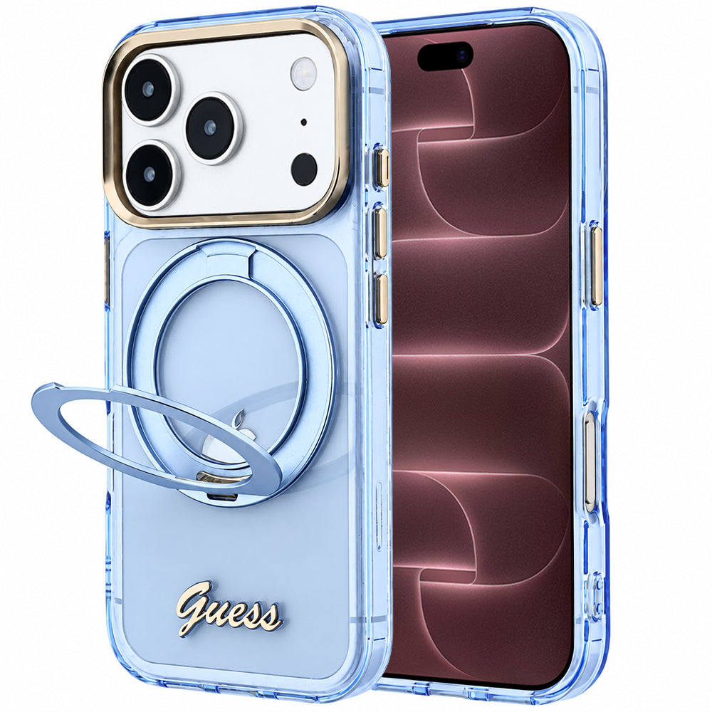 Capa Guess Ring Stand Script Metal Logo MagSafe - iPhone 17 Pro Max / 18 Pro Max - Azul-claro