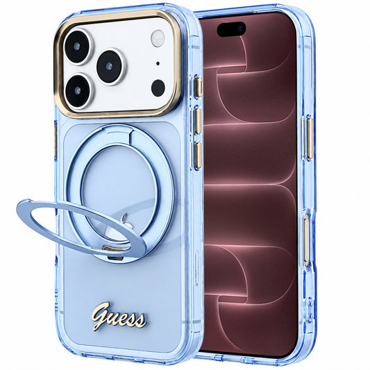 Capa Guess Ring Stand Script Metal Logo MagSafe - iPhone 17 Pro Max / 18 Pro Max - Azul-claro