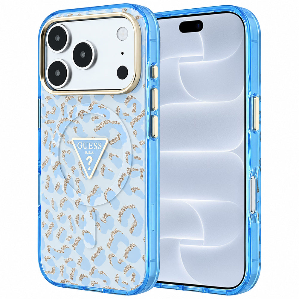 Capa Guess Leopard Glitter Triangle Logo MagSafe - iPhone 17 Pro / 18 Pro - Azul-claro