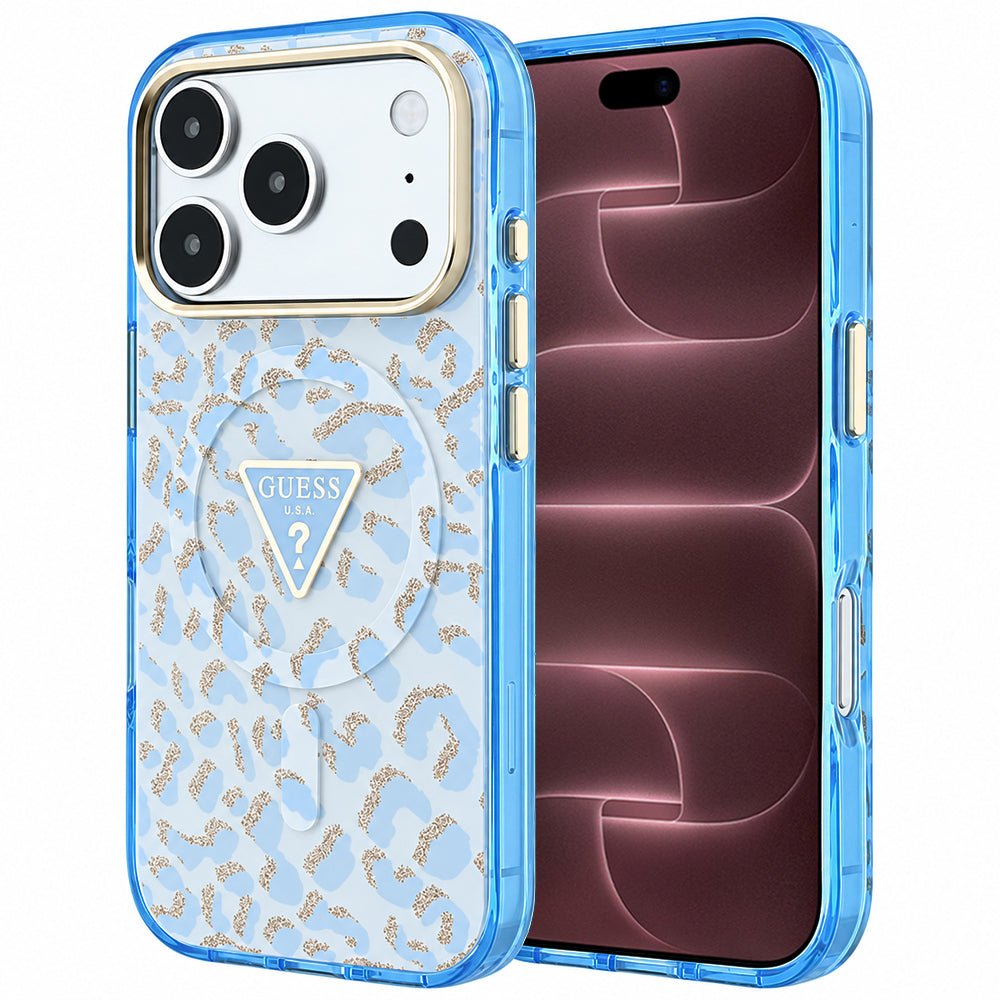 Capa Guess Leopard Glitter Triangle Logo MagSafe - iPhone 17 Pro Max / 18 Pro Max - Azul-claro