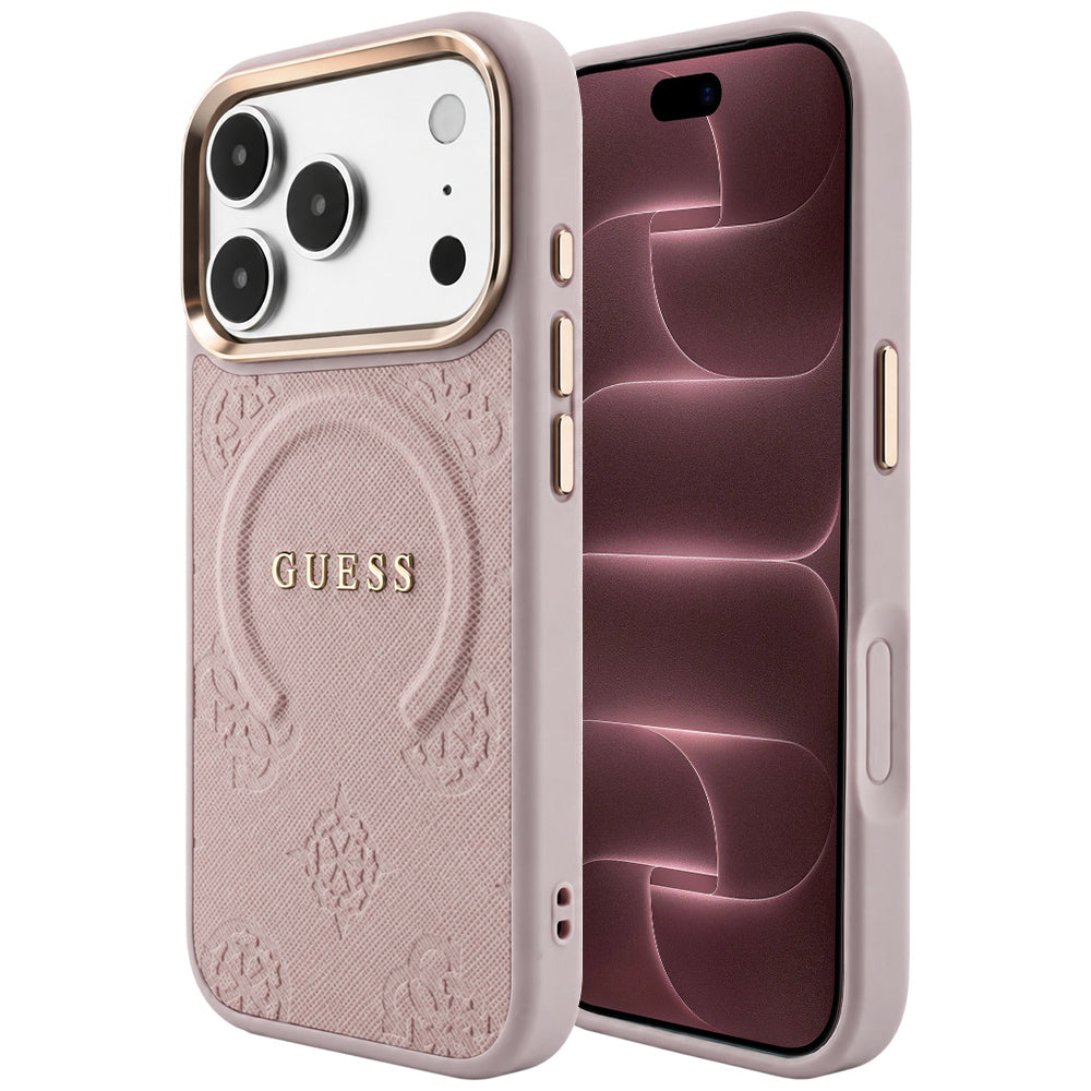 Capa Guess Saffiano Peony & Ring MagSafe - iPhone 17 Pro Max / 18 Pro Max - Rosa